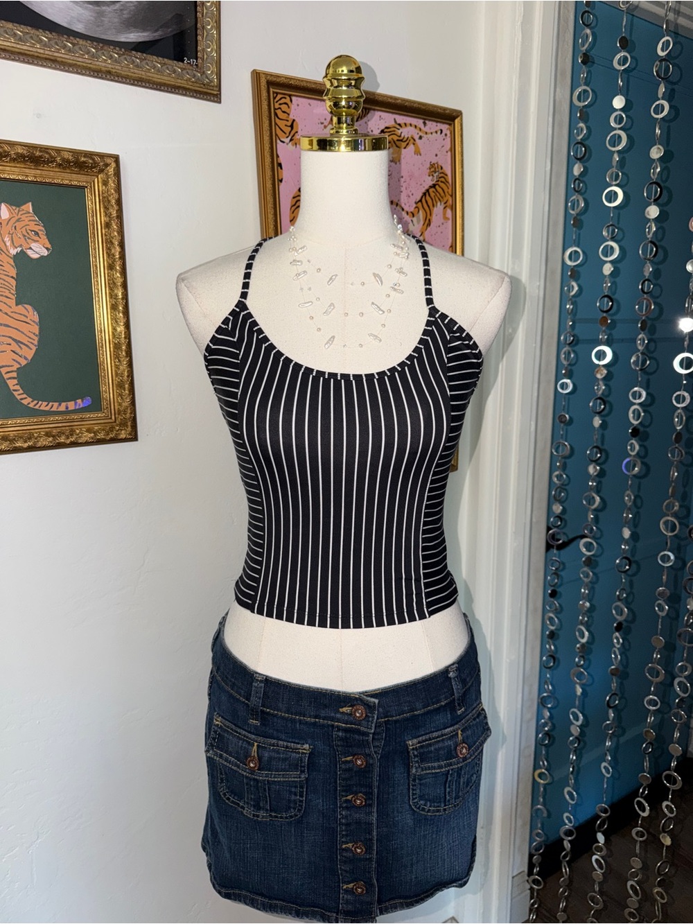 Y2K Athletic Striped Black & White Ribbed Cropped Tank Top - Women